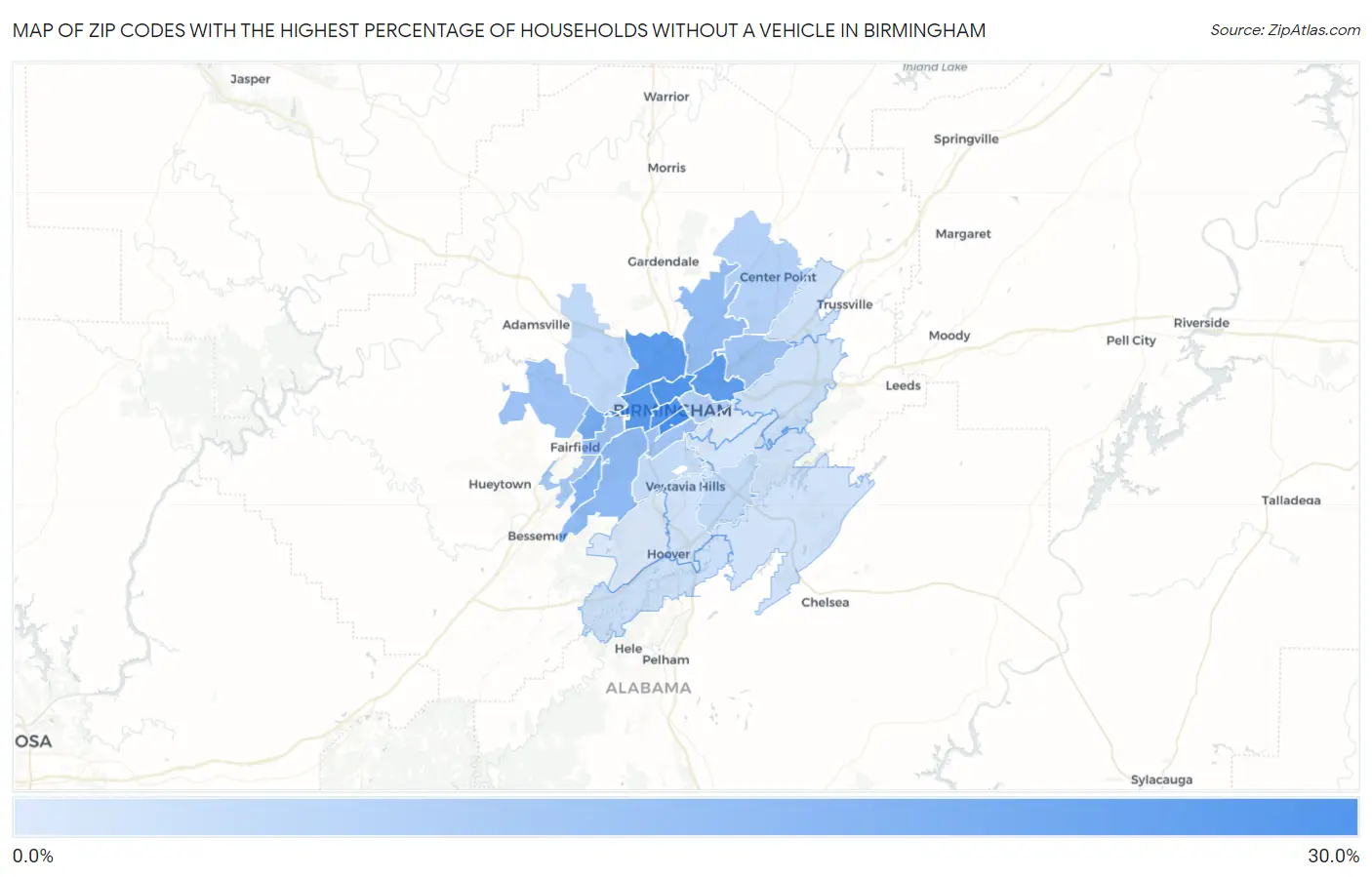 Zip Codes with the Highest Percentage of Households Without a Vehicle in Birmingham Map