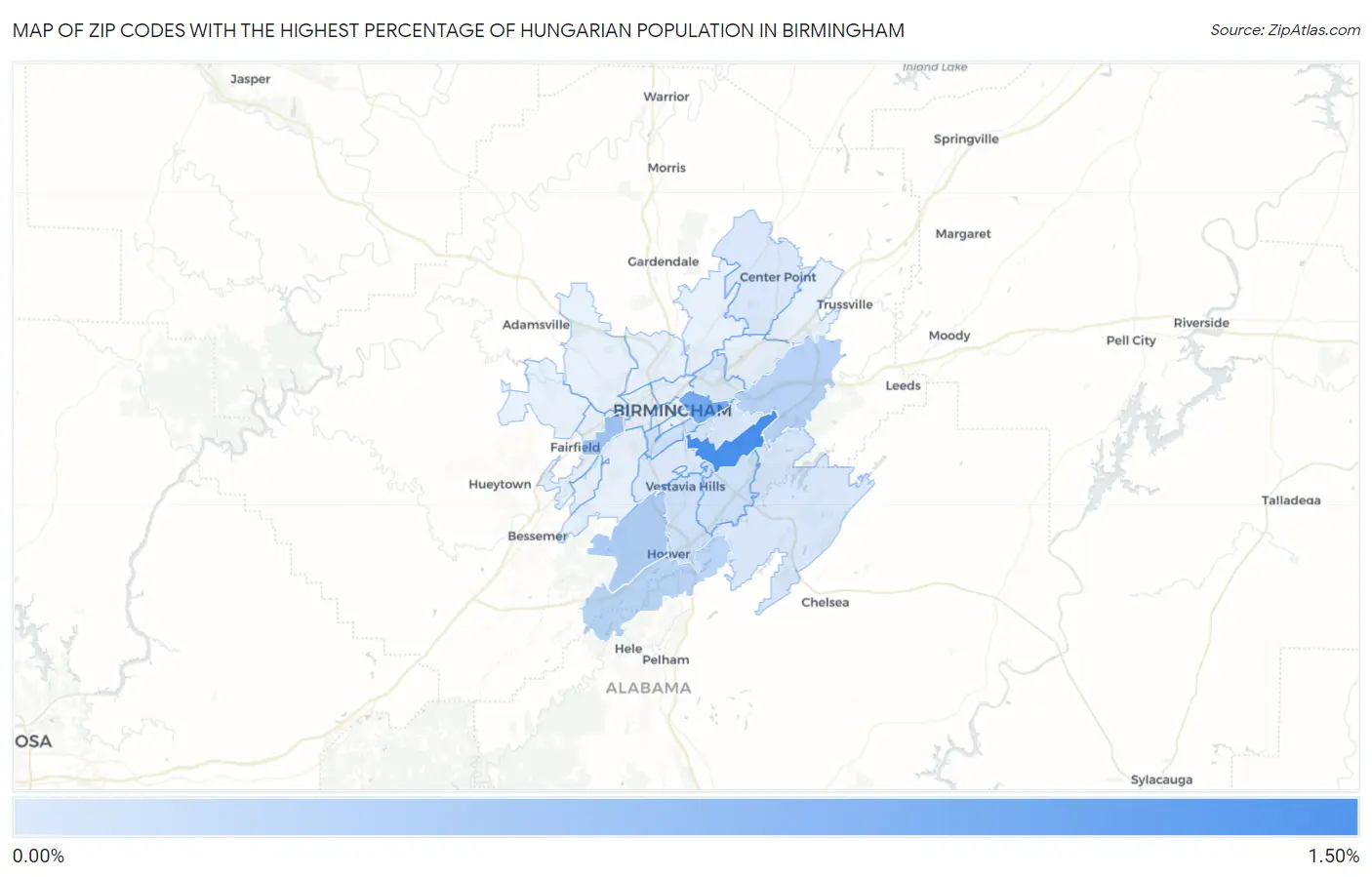 Zip Codes with the Highest Percentage of Hungarian Population in Birmingham Map