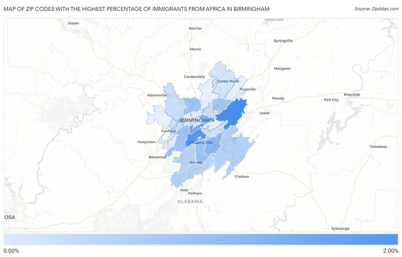 Zip Codes with the Highest Percentage of Immigrants from Africa in Birmingham Map