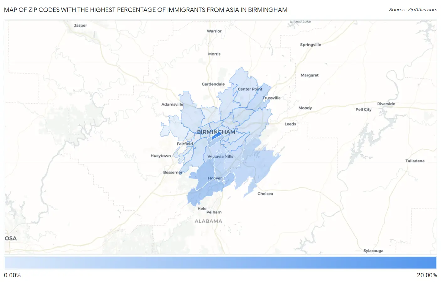 Zip Codes with the Highest Percentage of Immigrants from Asia in Birmingham Map