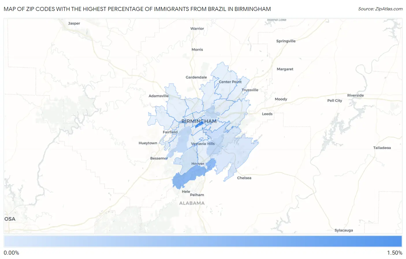 Zip Codes with the Highest Percentage of Immigrants from Brazil in Birmingham Map