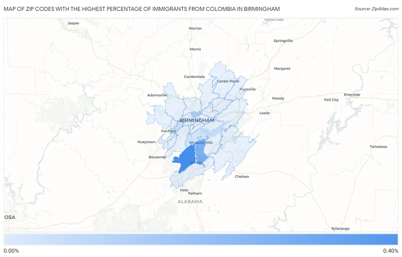 Zip Codes with the Highest Percentage of Immigrants from Colombia in Birmingham Map