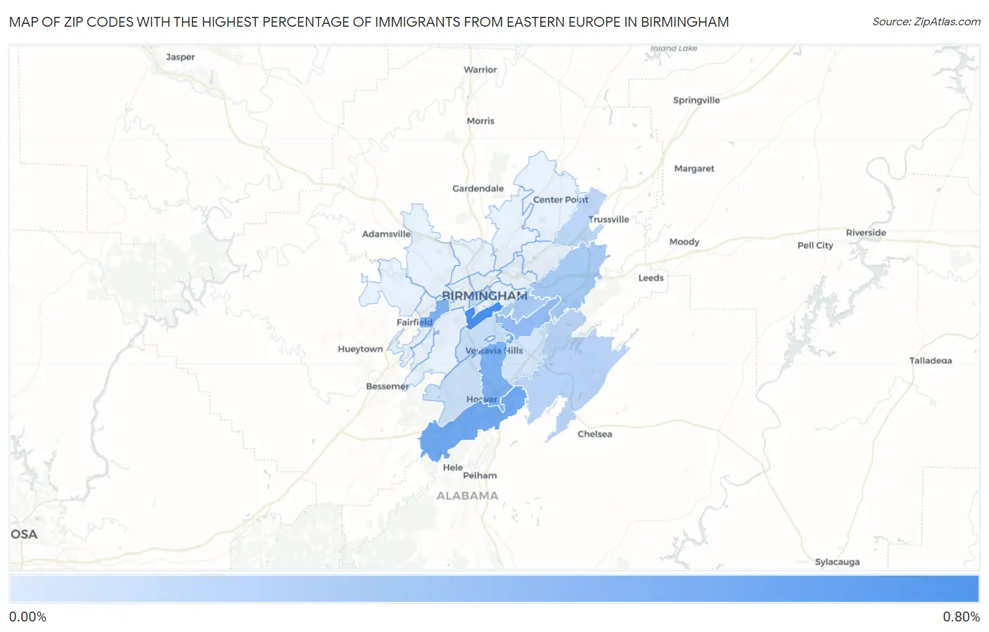 Zip Codes with the Highest Percentage of Immigrants from Eastern Europe in Birmingham Map