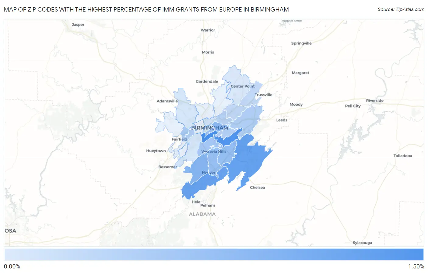 Zip Codes with the Highest Percentage of Immigrants from Europe in Birmingham Map
