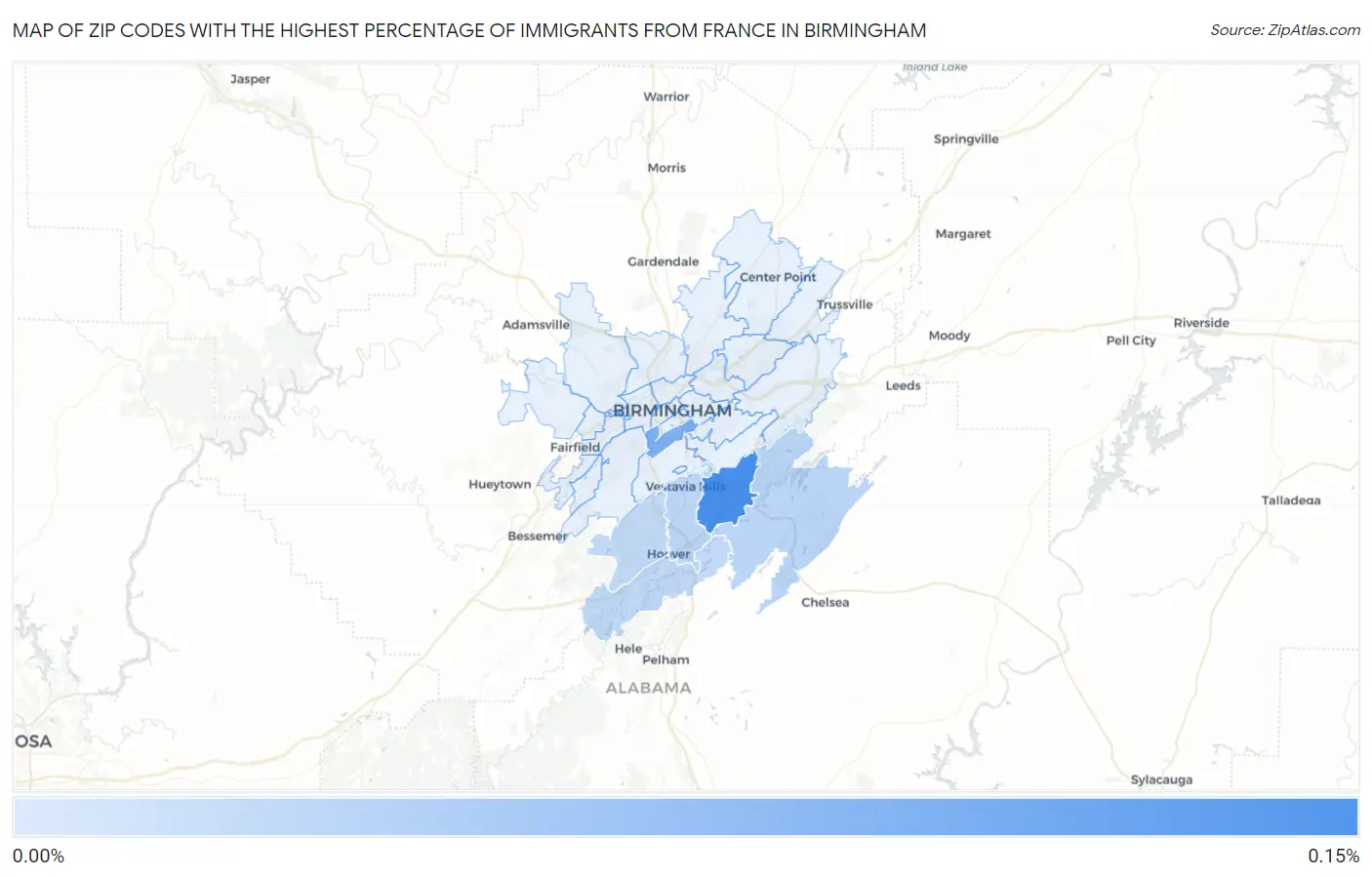 Zip Codes with the Highest Percentage of Immigrants from France in Birmingham Map