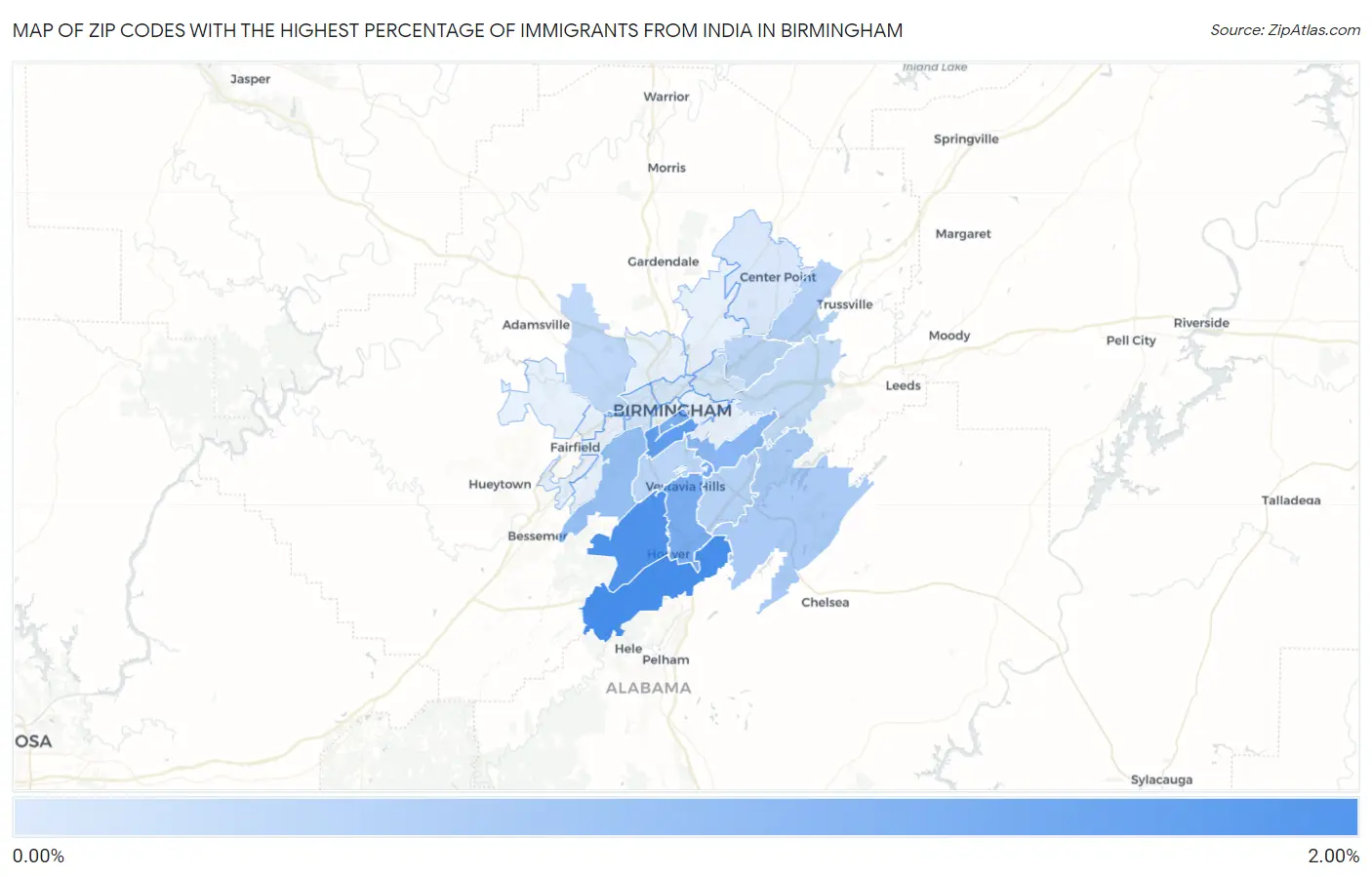 Zip Codes with the Highest Percentage of Immigrants from India in Birmingham Map
