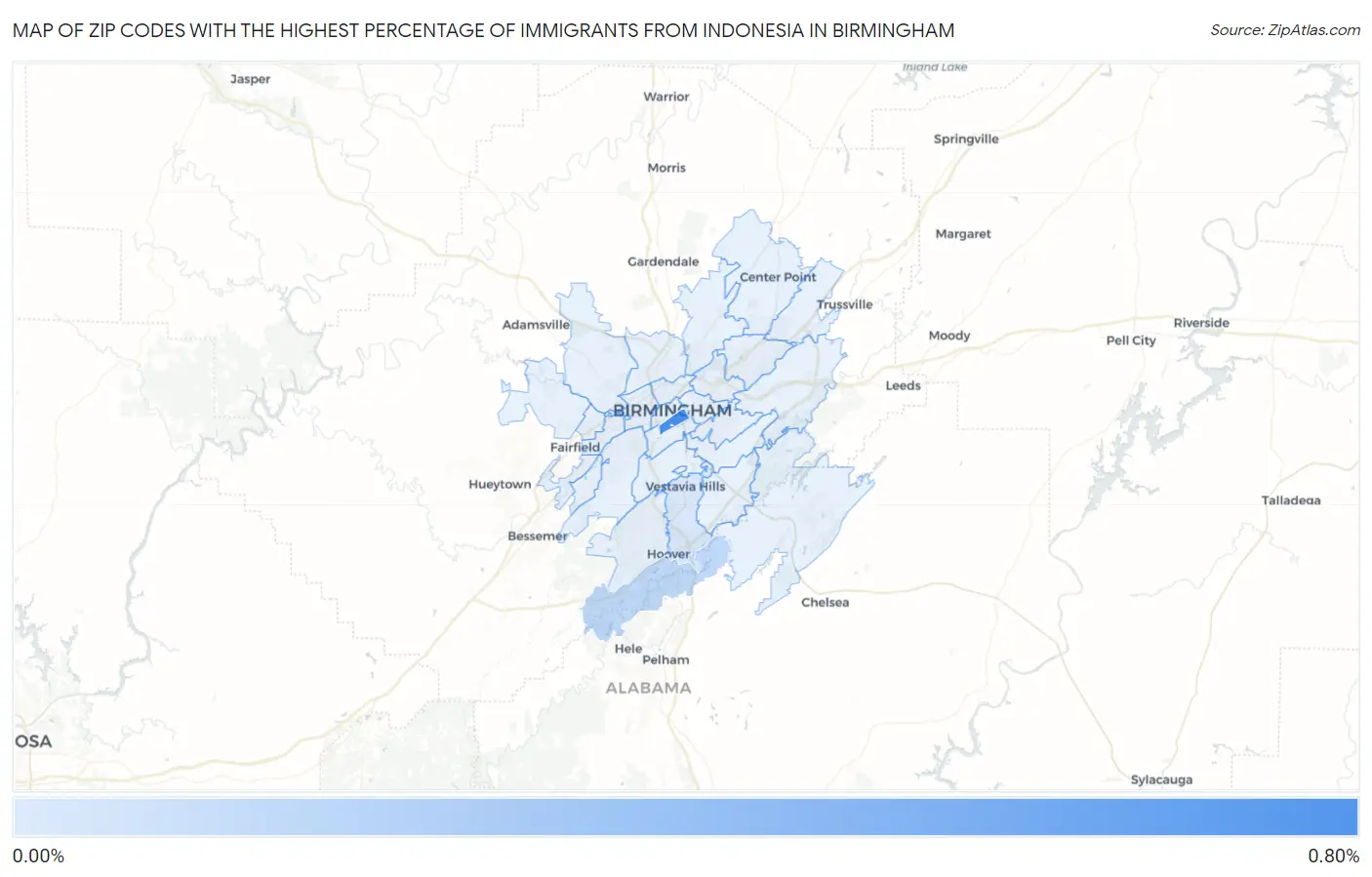 Zip Codes with the Highest Percentage of Immigrants from Indonesia in Birmingham Map