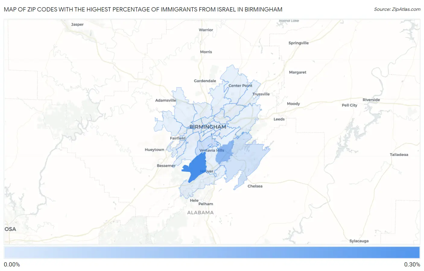 Zip Codes with the Highest Percentage of Immigrants from Israel in Birmingham Map