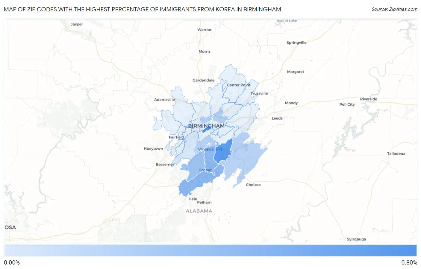 Zip Codes with the Highest Percentage of Immigrants from Korea in Birmingham Map