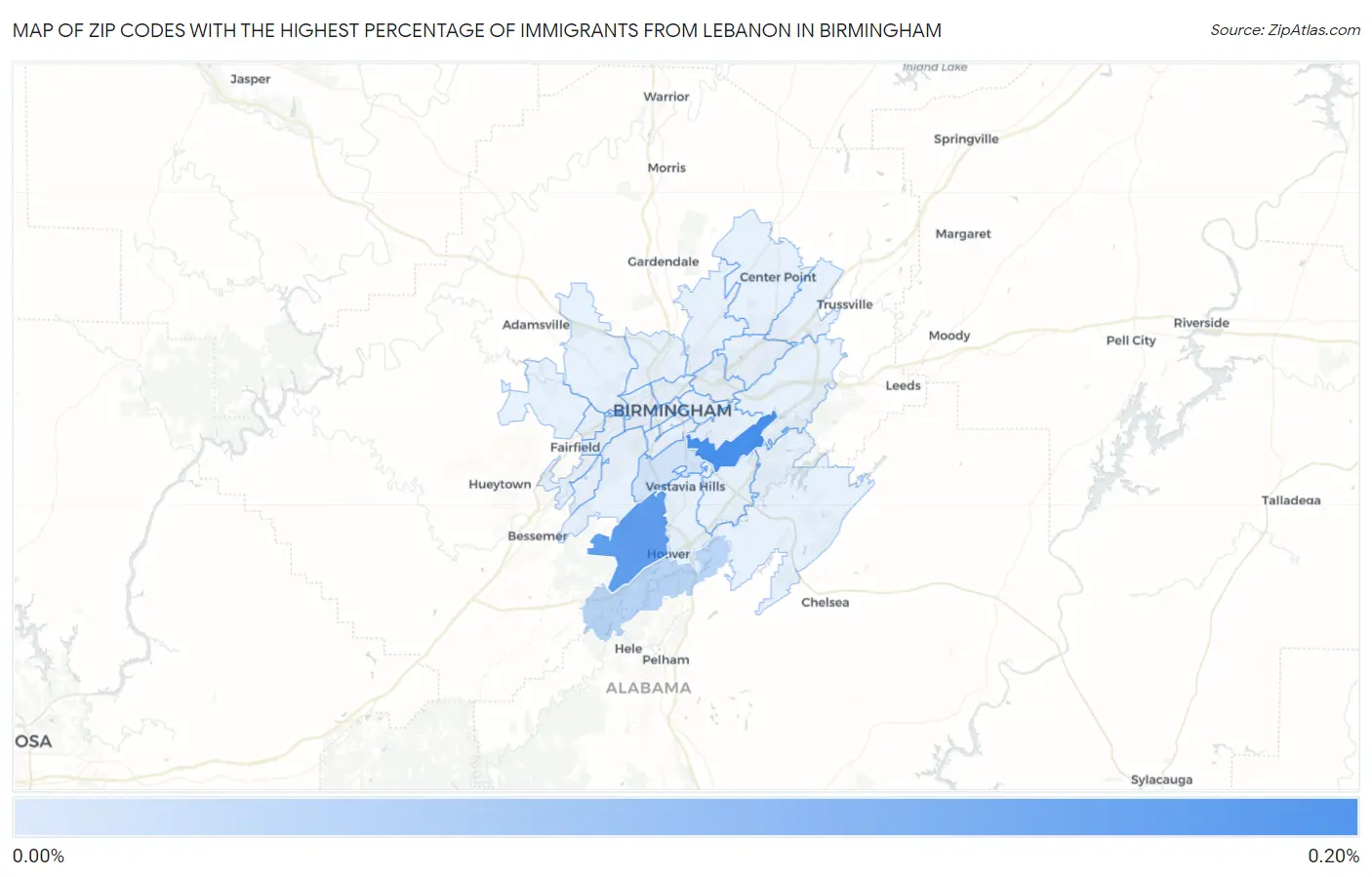 Zip Codes with the Highest Percentage of Immigrants from Lebanon in Birmingham Map