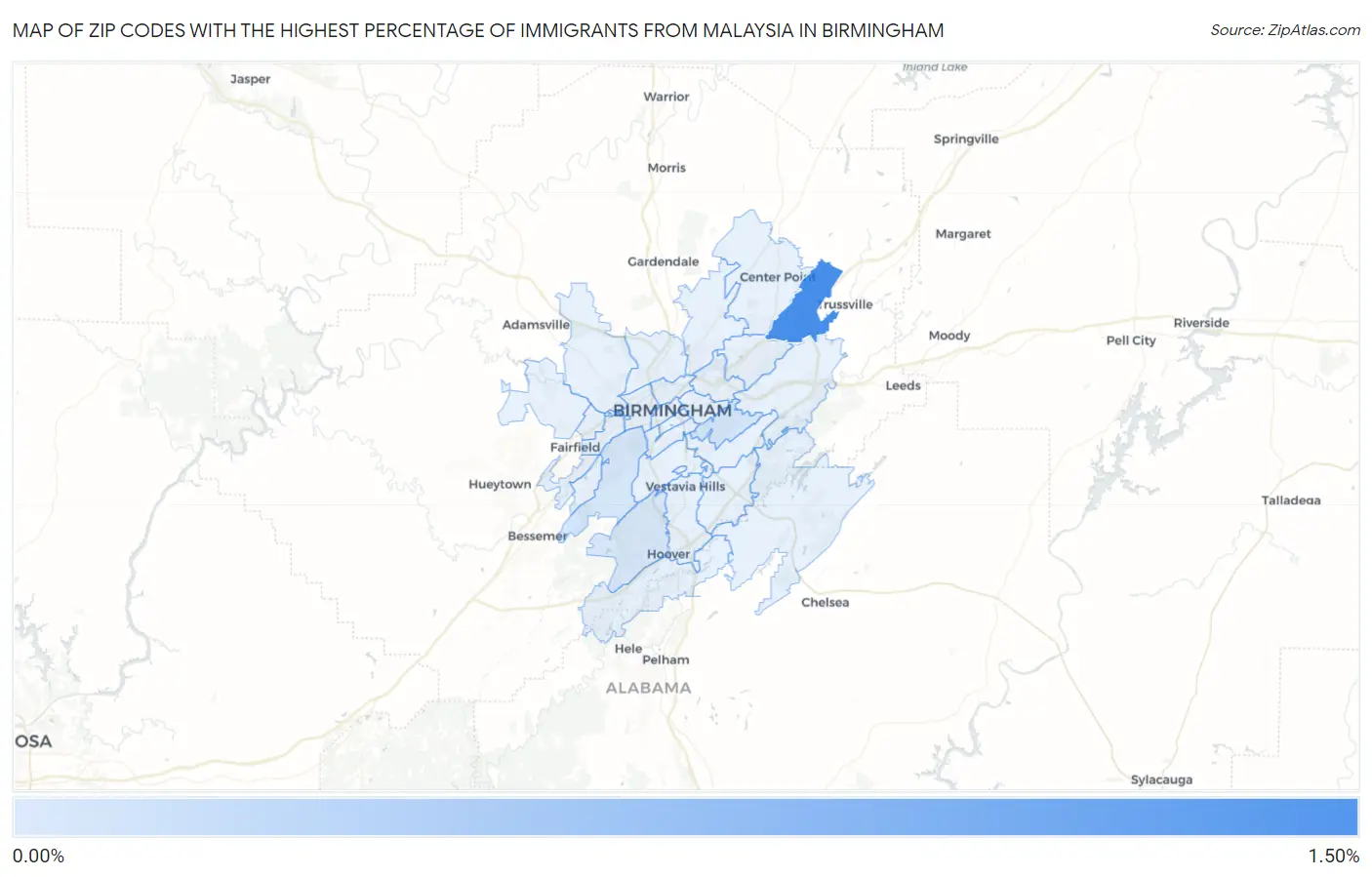 Zip Codes with the Highest Percentage of Immigrants from Malaysia in Birmingham Map