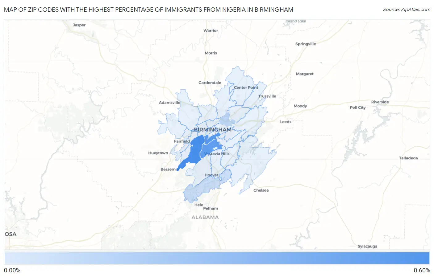 Zip Codes with the Highest Percentage of Immigrants from Nigeria in Birmingham Map