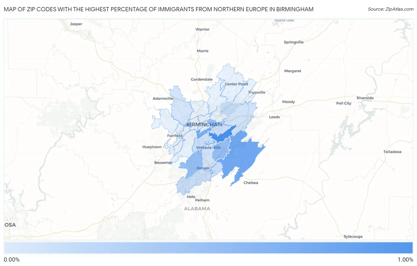 Zip Codes with the Highest Percentage of Immigrants from Northern Europe in Birmingham Map