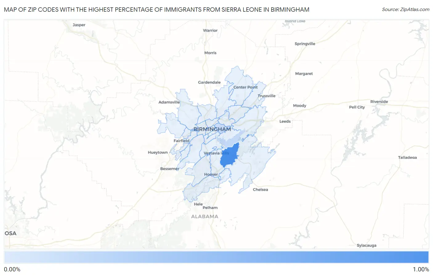 Zip Codes with the Highest Percentage of Immigrants from Sierra Leone in Birmingham Map
