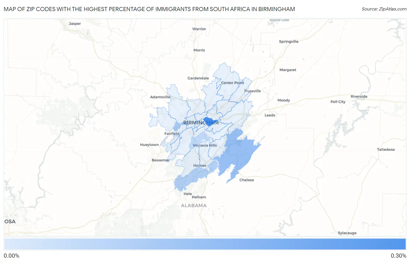 Zip Codes with the Highest Percentage of Immigrants from South Africa in Birmingham Map