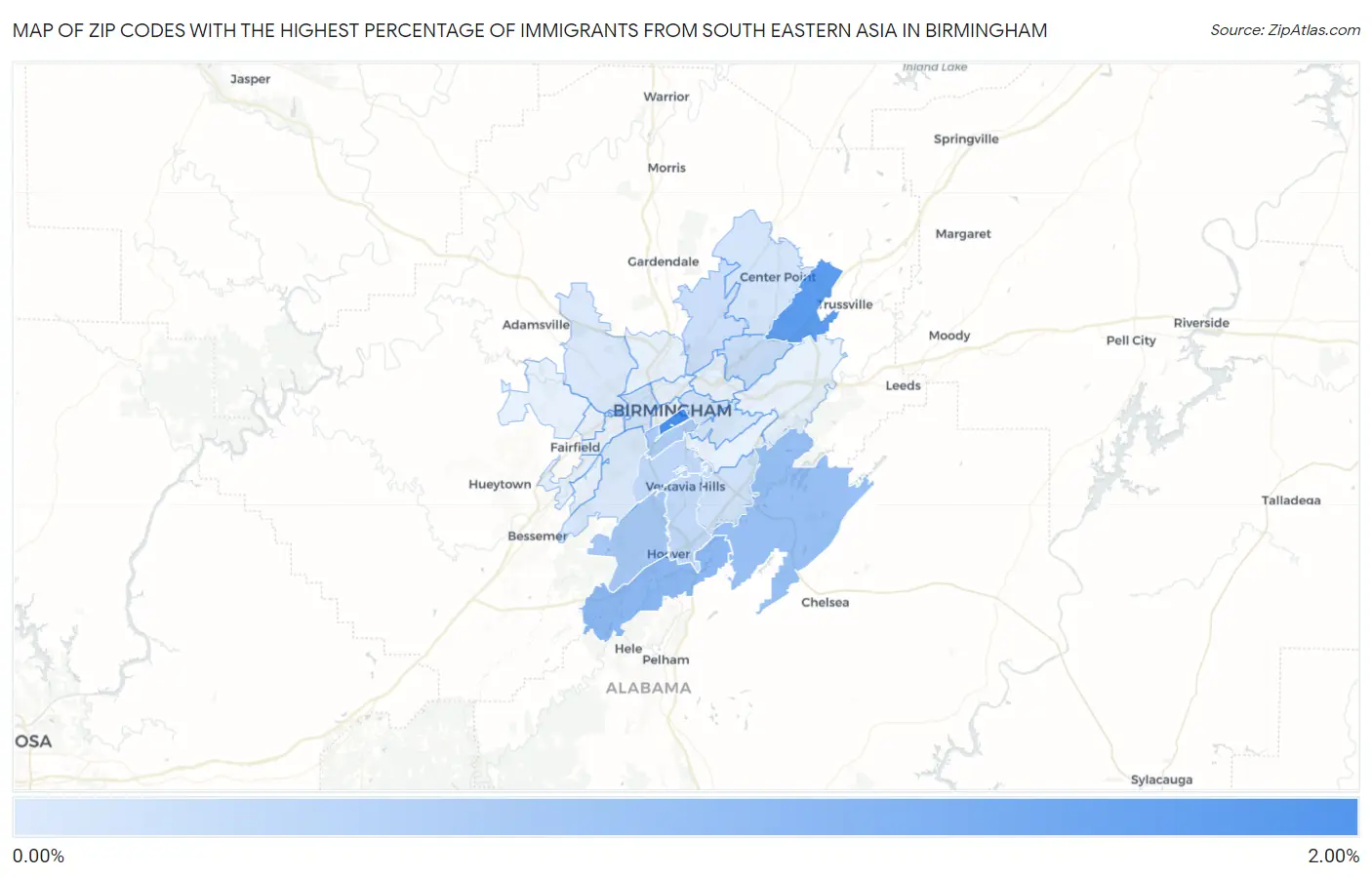Zip Codes with the Highest Percentage of Immigrants from South Eastern Asia in Birmingham Map