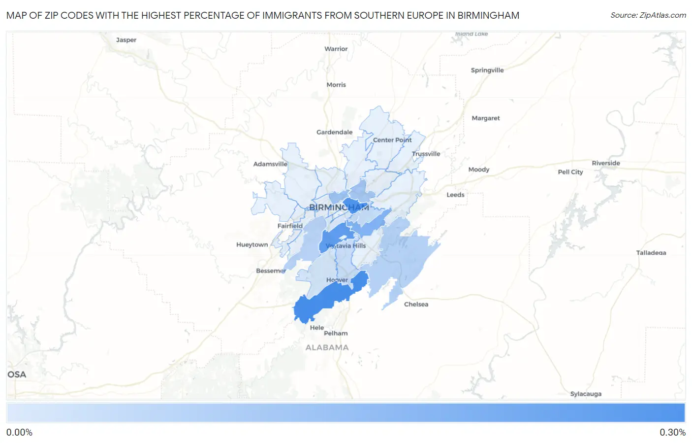 Zip Codes with the Highest Percentage of Immigrants from Southern Europe in Birmingham Map