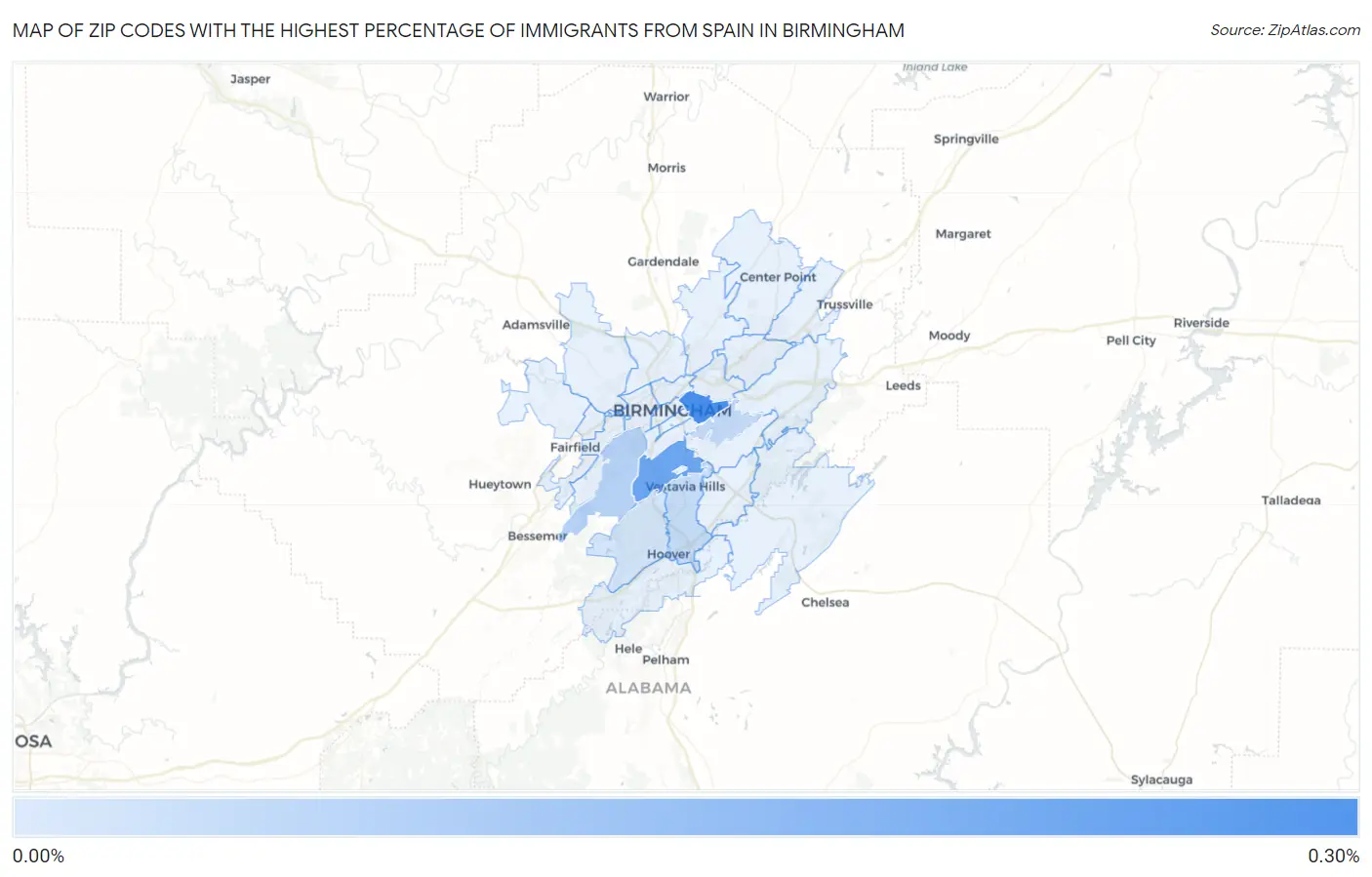 Zip Codes with the Highest Percentage of Immigrants from Spain in Birmingham Map