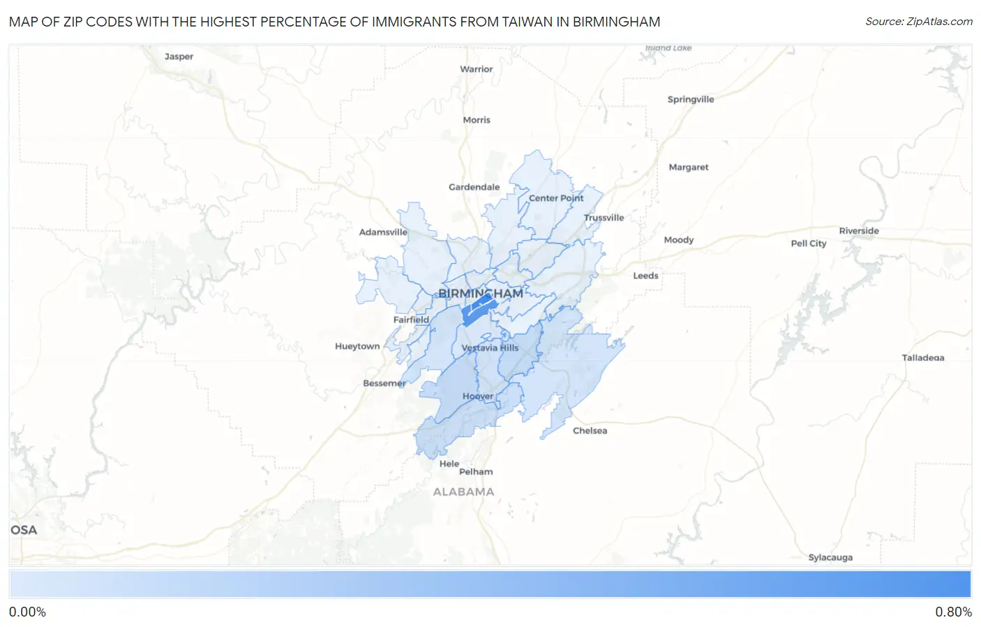 Zip Codes with the Highest Percentage of Immigrants from Taiwan in Birmingham Map