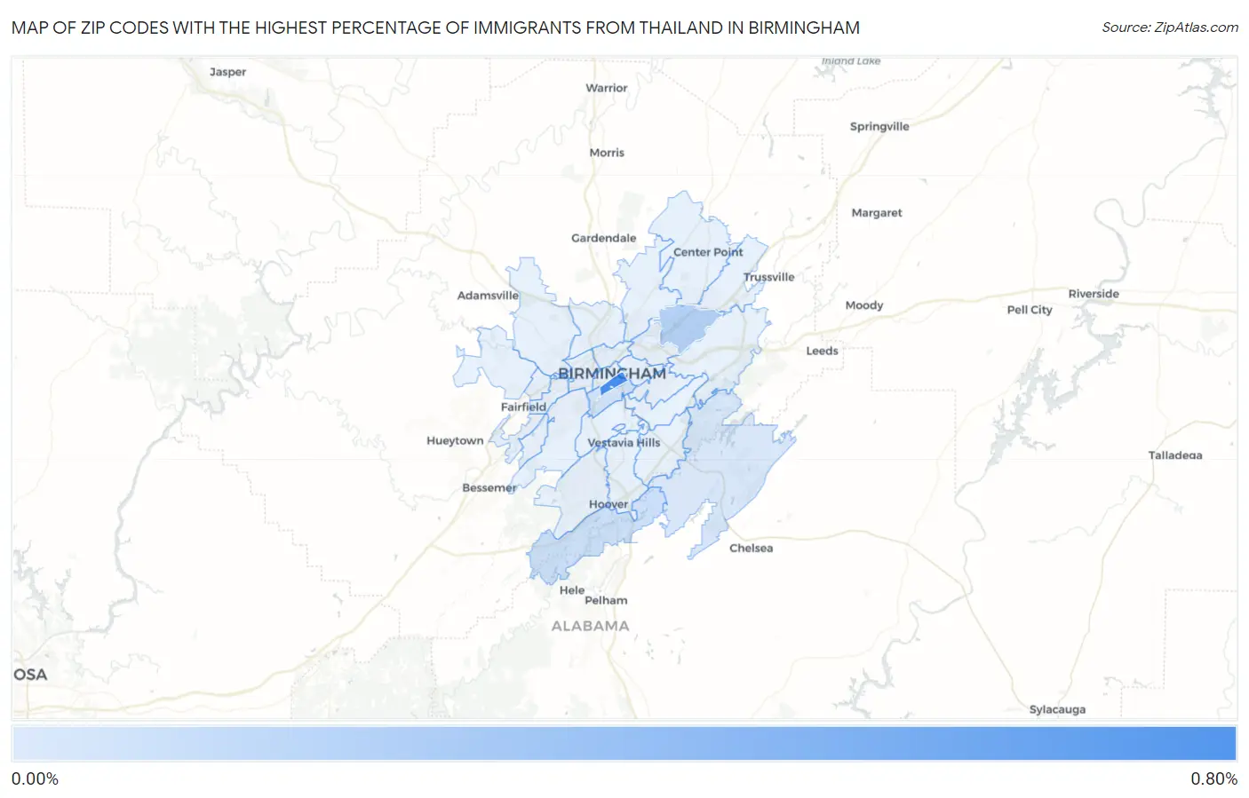 Zip Codes with the Highest Percentage of Immigrants from Thailand in Birmingham Map