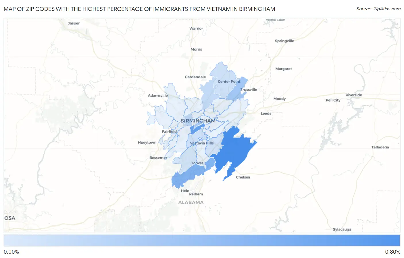 Zip Codes with the Highest Percentage of Immigrants from Vietnam in Birmingham Map