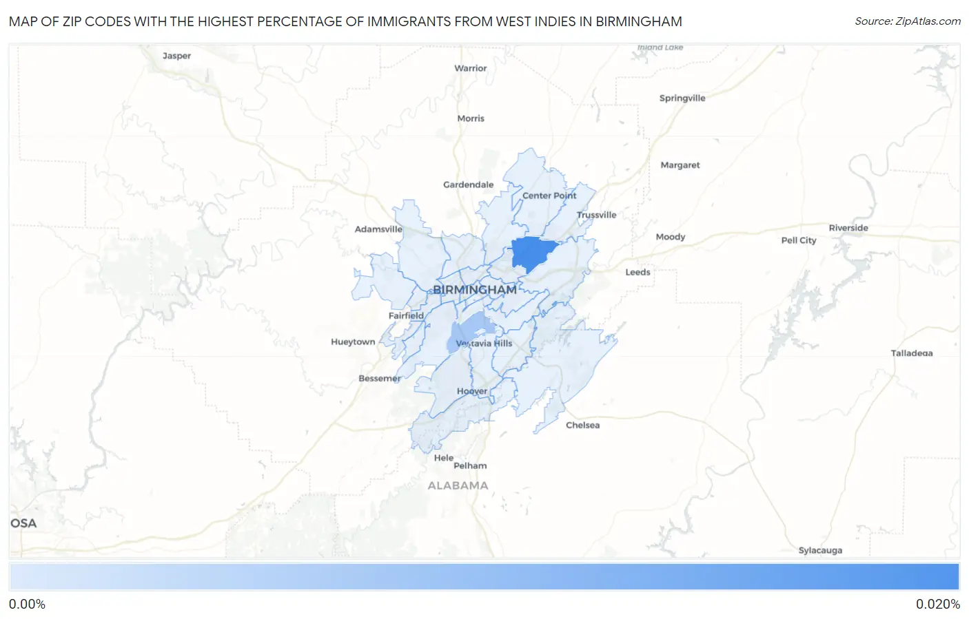 Zip Codes with the Highest Percentage of Immigrants from West Indies in Birmingham Map