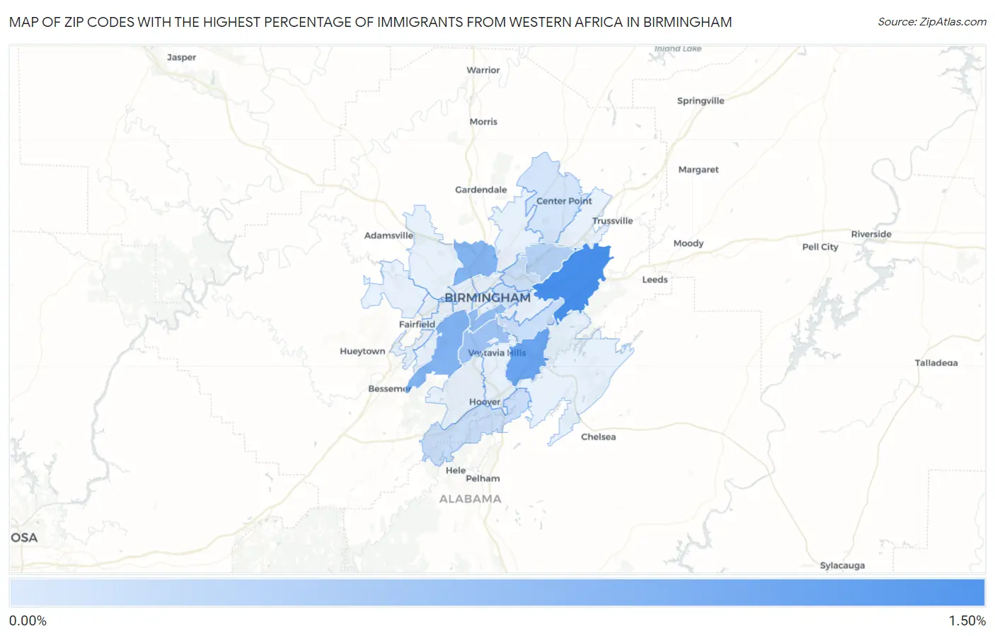 Zip Codes with the Highest Percentage of Immigrants from Western Africa in Birmingham Map