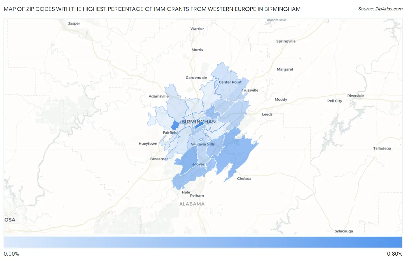 Zip Codes with the Highest Percentage of Immigrants from Western Europe in Birmingham Map