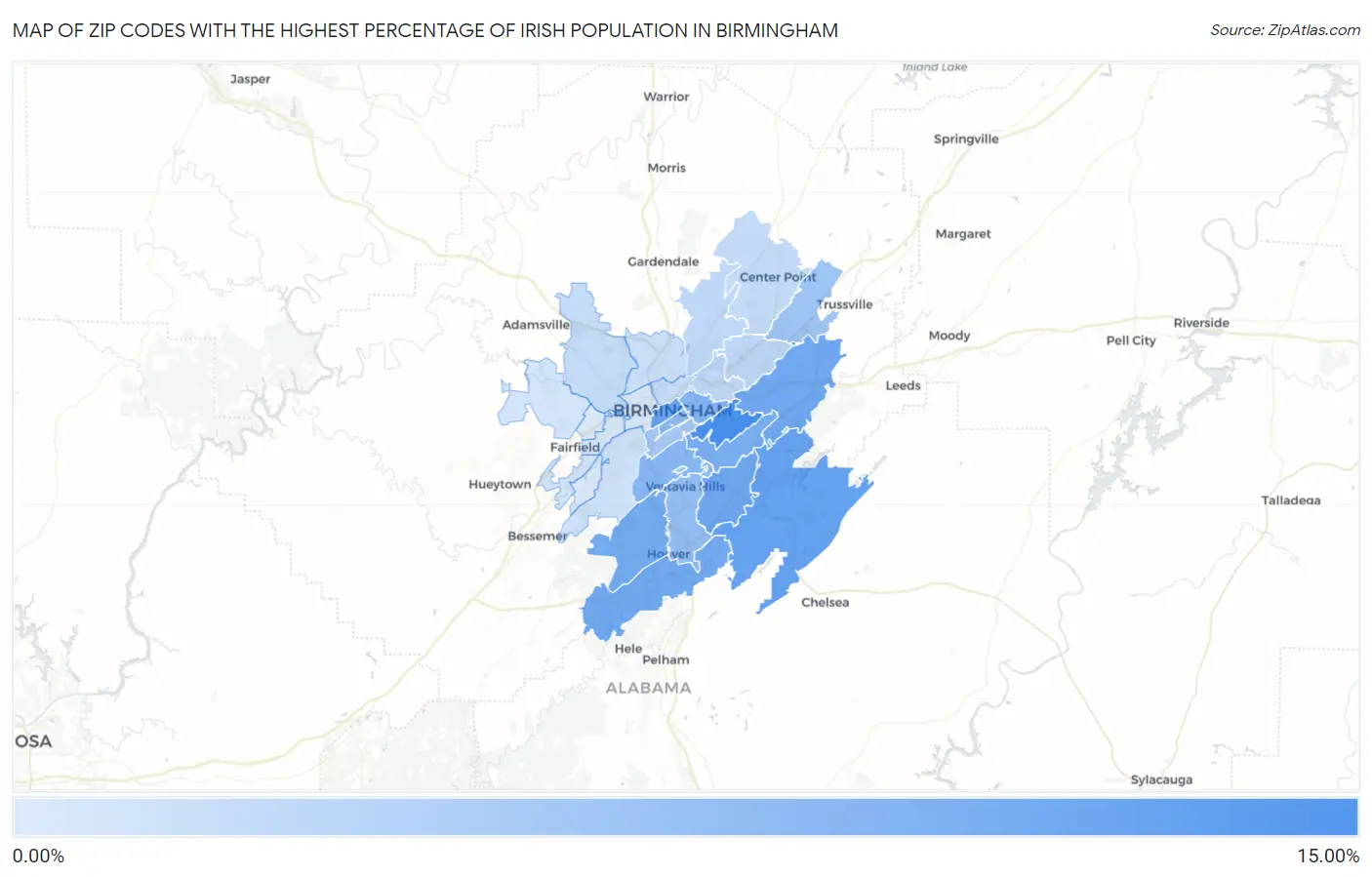 Zip Codes with the Highest Percentage of Irish Population in Birmingham Map