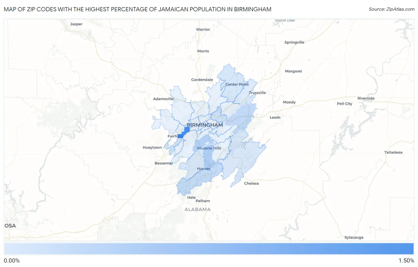 Zip Codes with the Highest Percentage of Jamaican Population in Birmingham Map