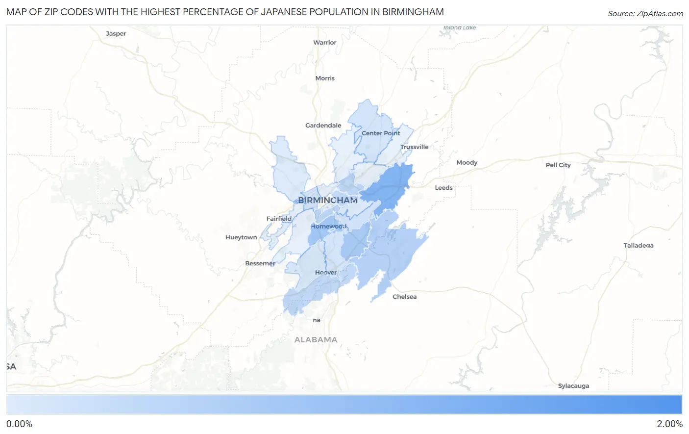 Zip Codes with the Highest Percentage of Japanese Population in Birmingham Map