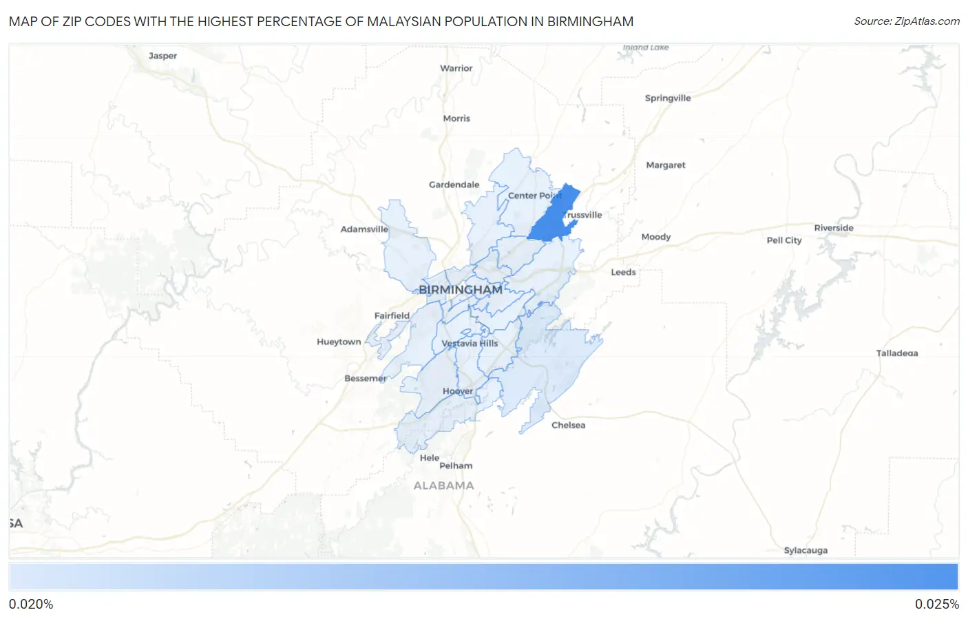 Zip Codes with the Highest Percentage of Malaysian Population in Birmingham Map