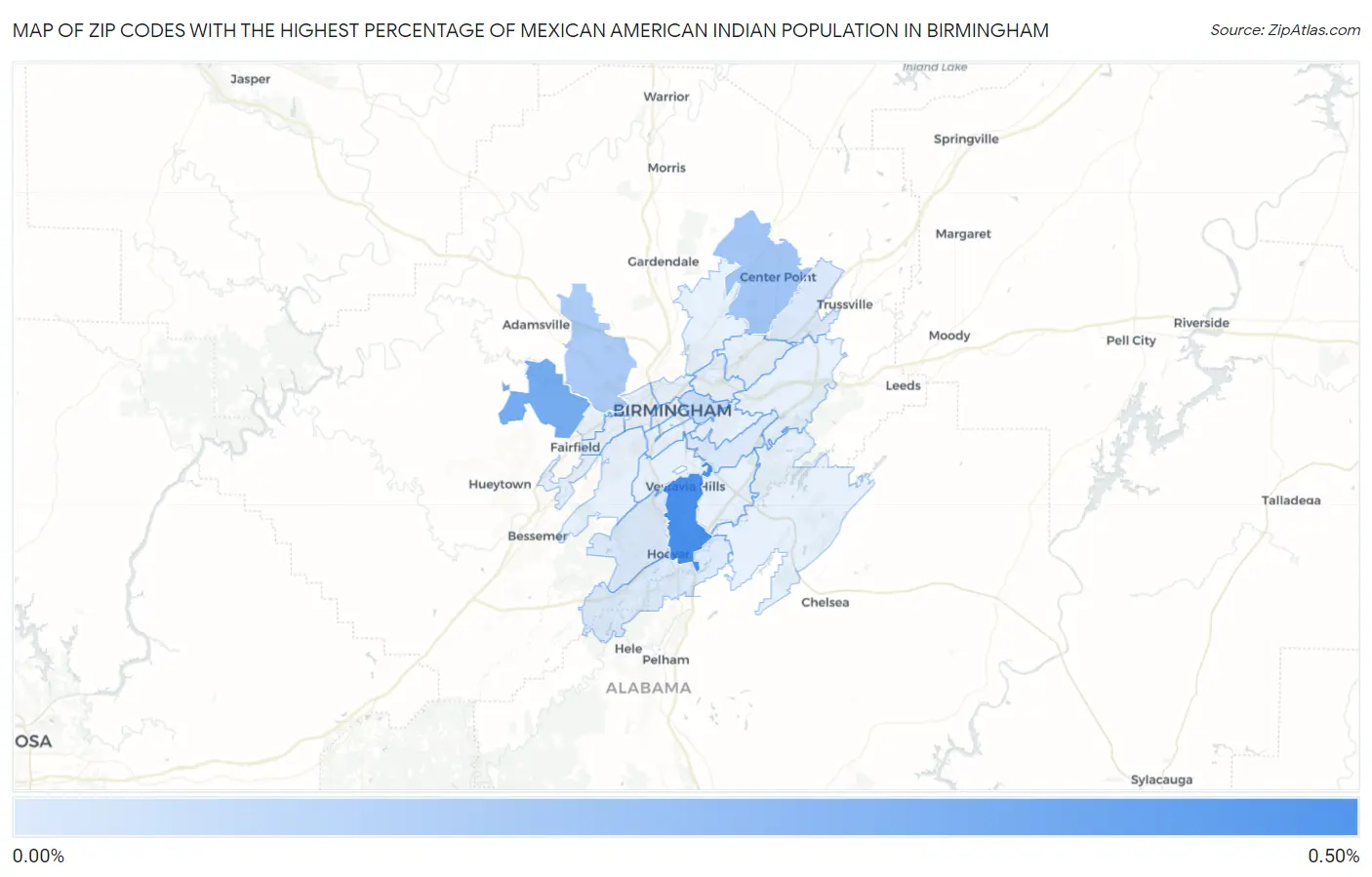 Zip Codes with the Highest Percentage of Mexican American Indian Population in Birmingham Map