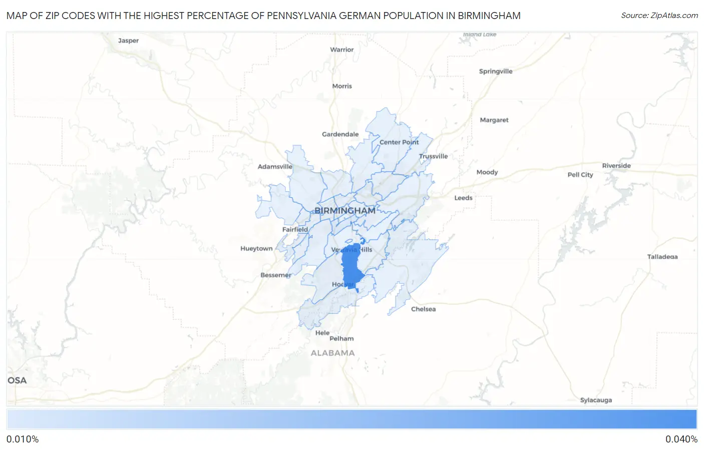 Zip Codes with the Highest Percentage of Pennsylvania German Population in Birmingham Map