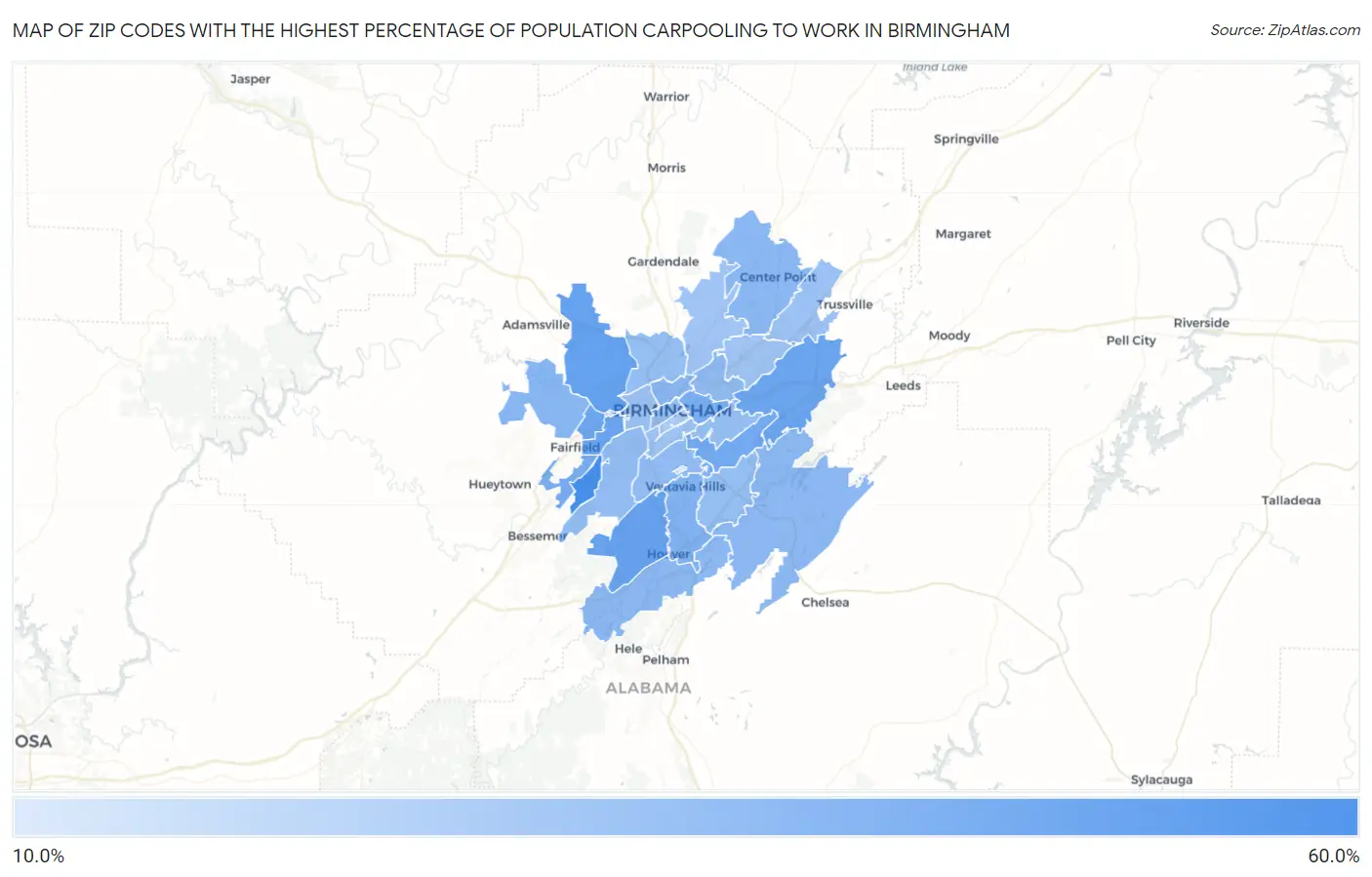 Zip Codes with the Highest Percentage of Population Carpooling to Work in Birmingham Map