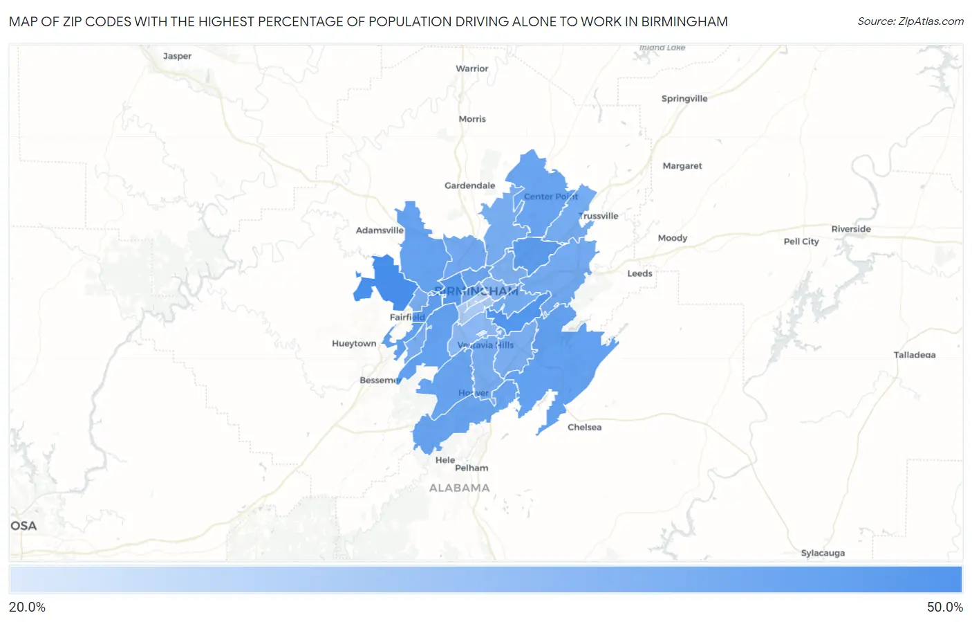 Zip Codes with the Highest Percentage of Population Driving Alone to Work in Birmingham Map