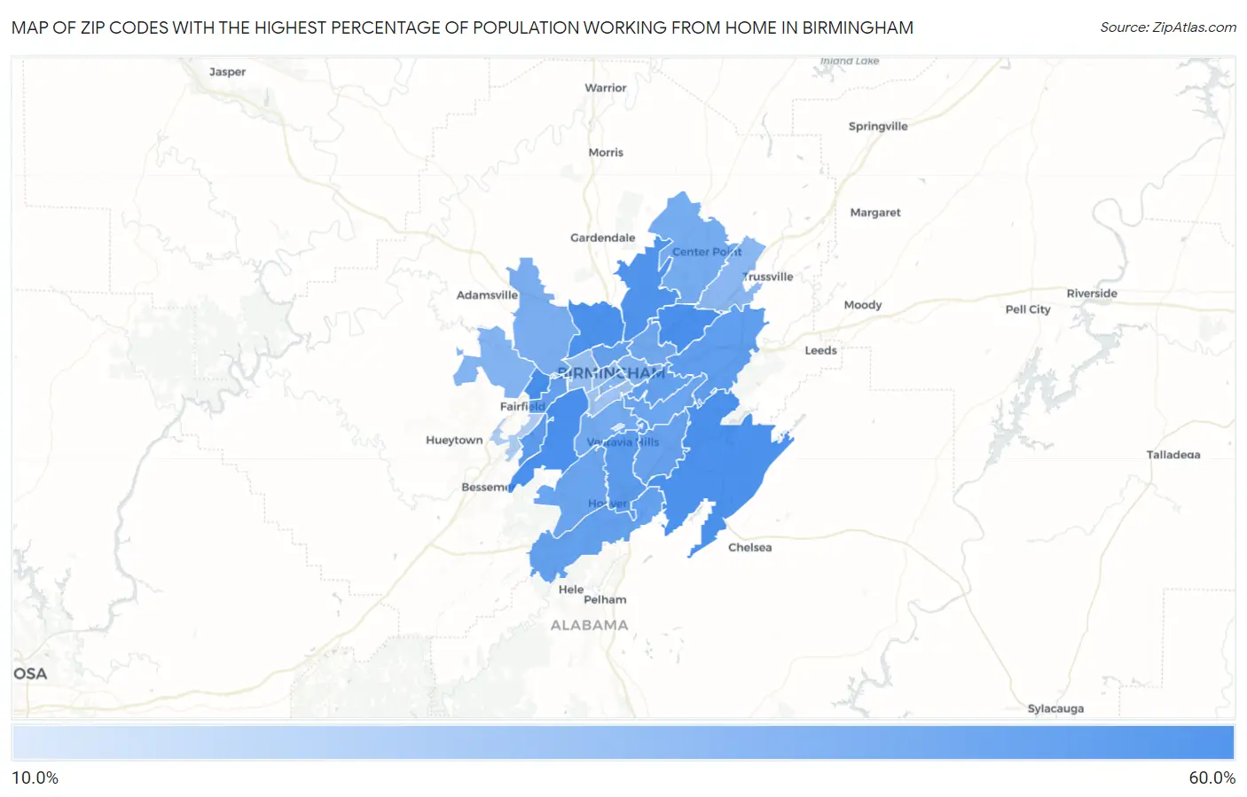 Zip Codes with the Highest Percentage of Population Working from Home in Birmingham Map