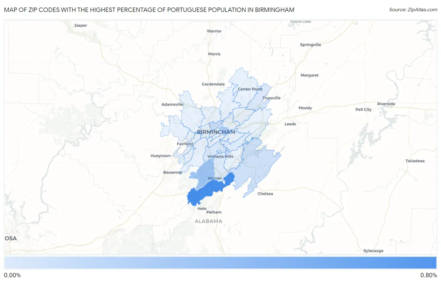 Zip Codes with the Highest Percentage of Portuguese Population in Birmingham Map