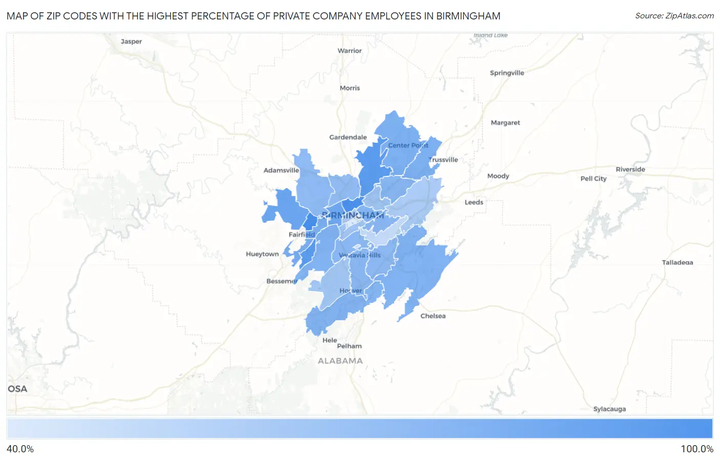 Zip Codes with the Highest Percentage of Private Company Employees in Birmingham Map