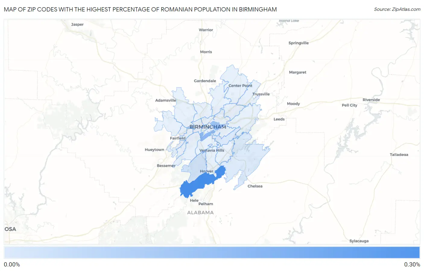Zip Codes with the Highest Percentage of Romanian Population in Birmingham Map