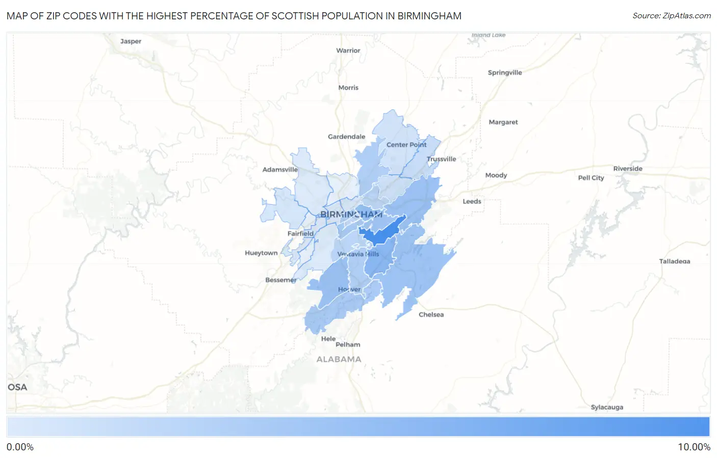 Zip Codes with the Highest Percentage of Scottish Population in Birmingham Map
