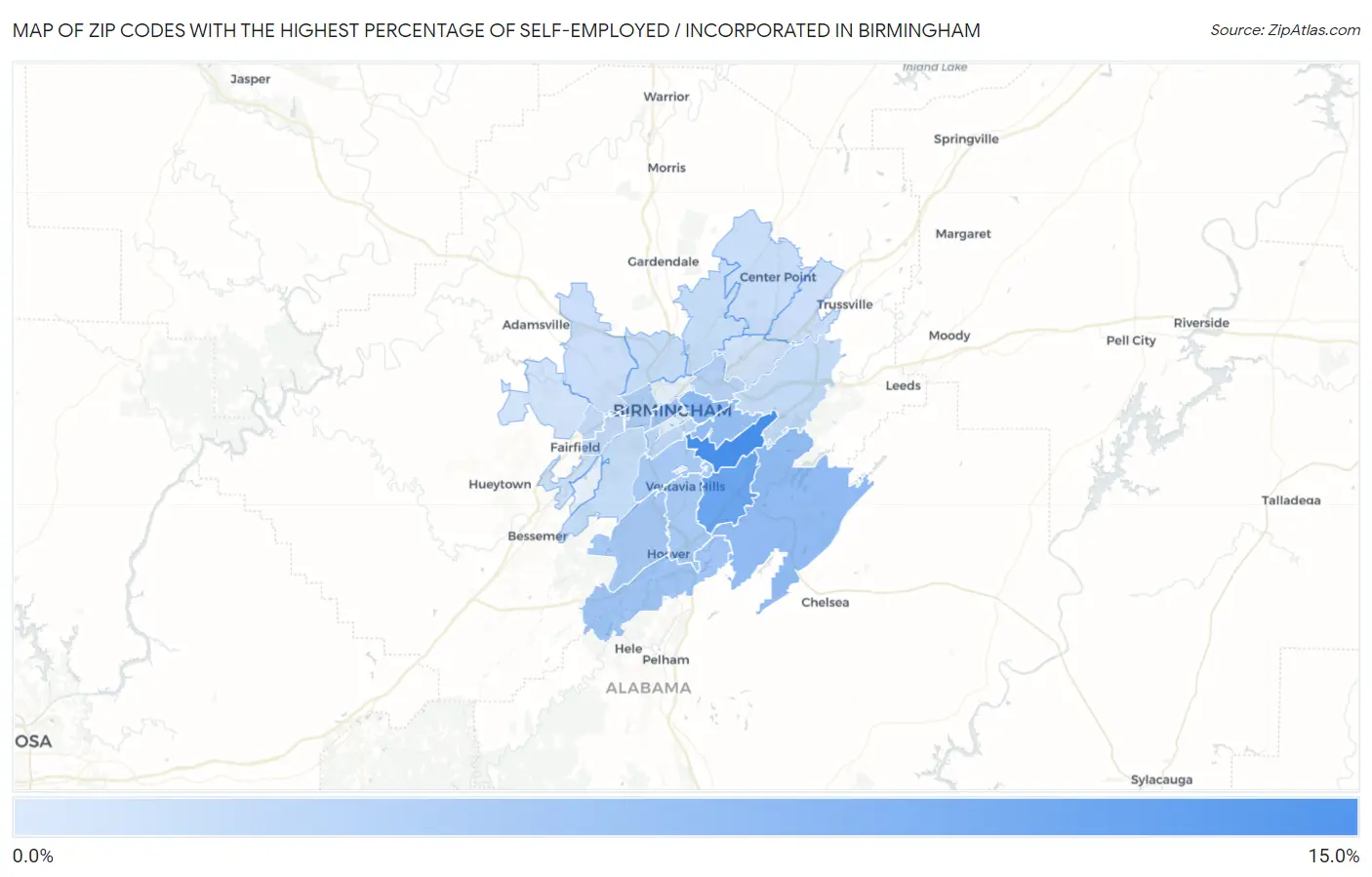 Zip Codes with the Highest Percentage of Self-Employed / Incorporated in Birmingham Map