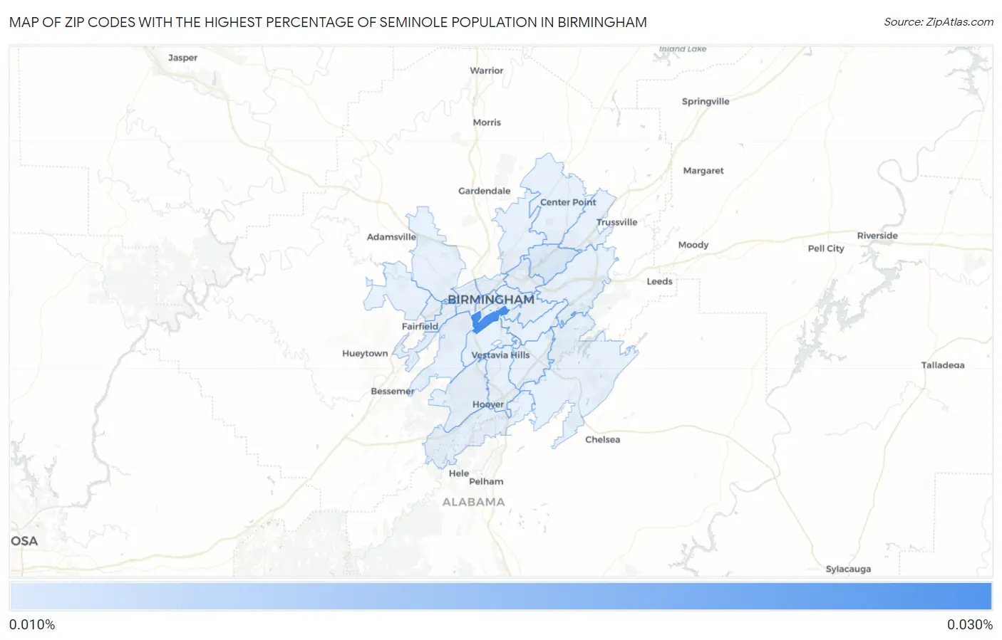 Zip Codes with the Highest Percentage of Seminole Population in Birmingham Map