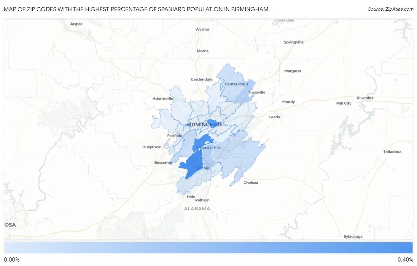Zip Codes with the Highest Percentage of Spaniard Population in Birmingham Map