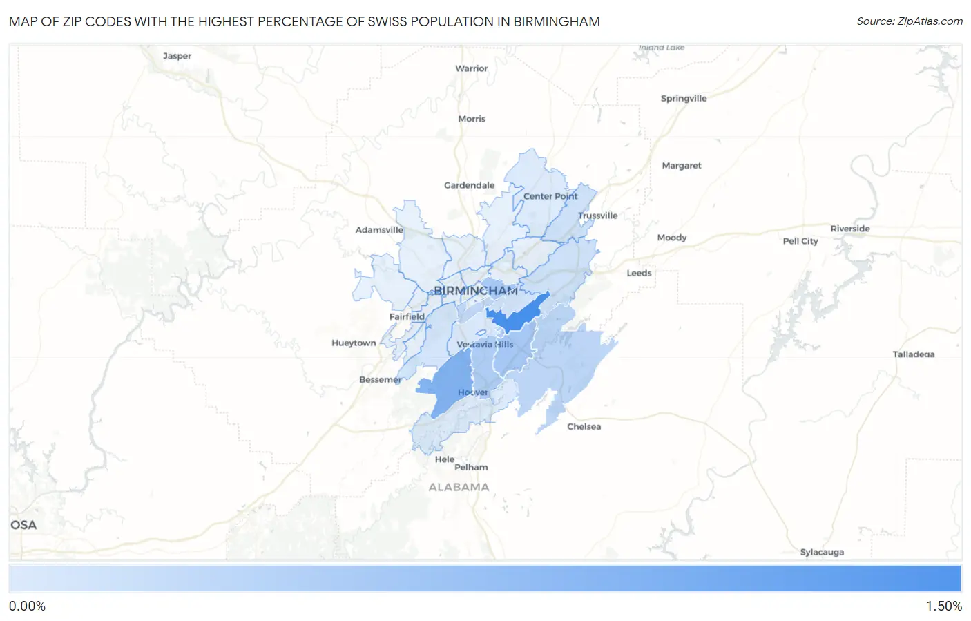 Zip Codes with the Highest Percentage of Swiss Population in Birmingham Map