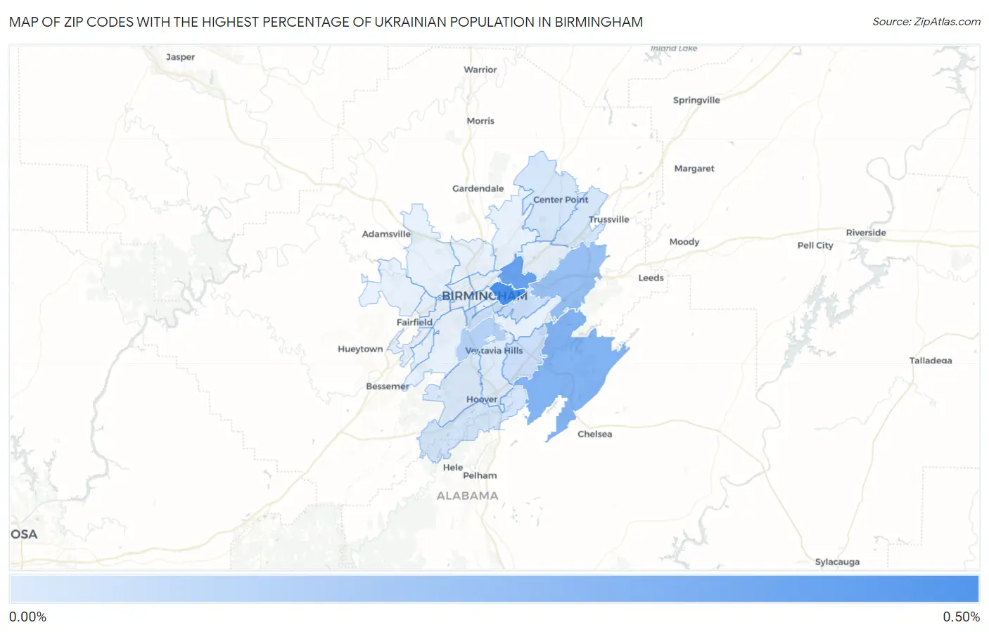 Zip Codes with the Highest Percentage of Ukrainian Population in Birmingham Map