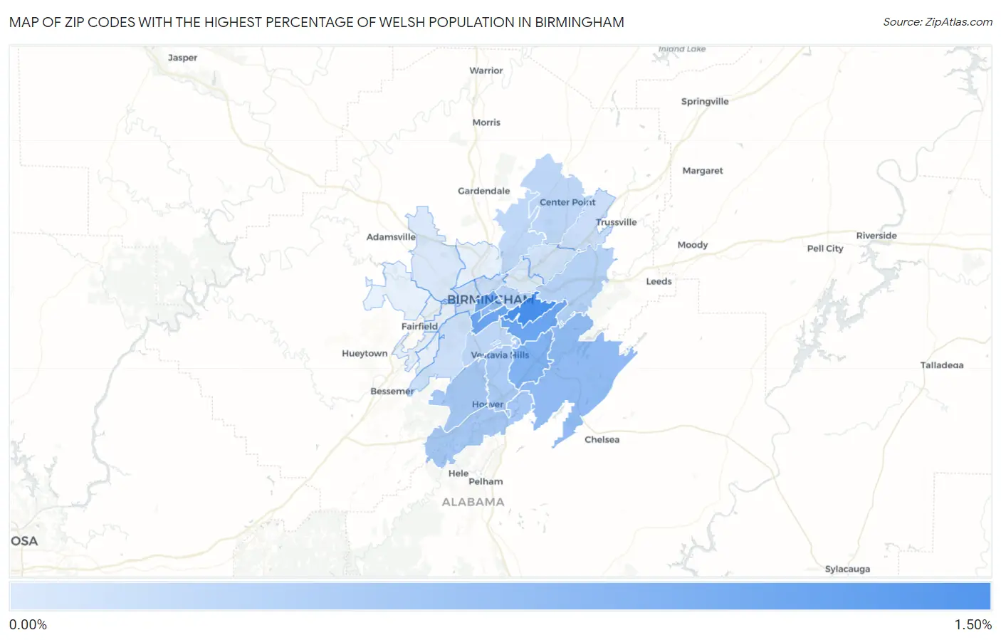 Zip Codes with the Highest Percentage of Welsh Population in Birmingham Map