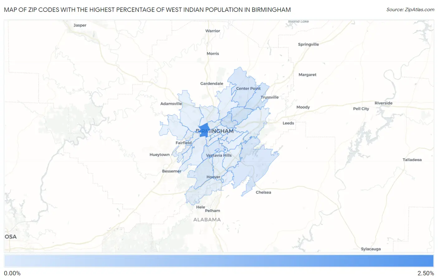 Zip Codes with the Highest Percentage of West Indian Population in Birmingham Map