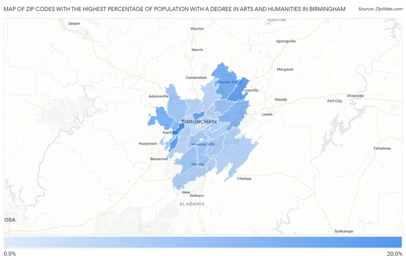 Zip Codes with the Highest Percentage of Population with a Degree in Arts and Humanities in Birmingham Map
