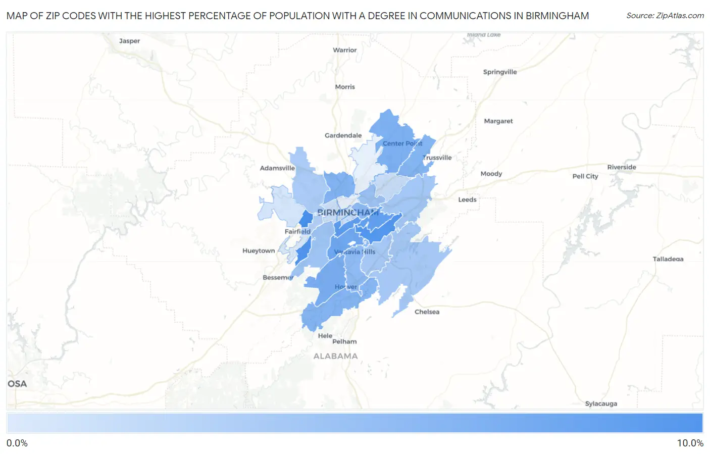 Zip Codes with the Highest Percentage of Population with a Degree in Communications in Birmingham Map
